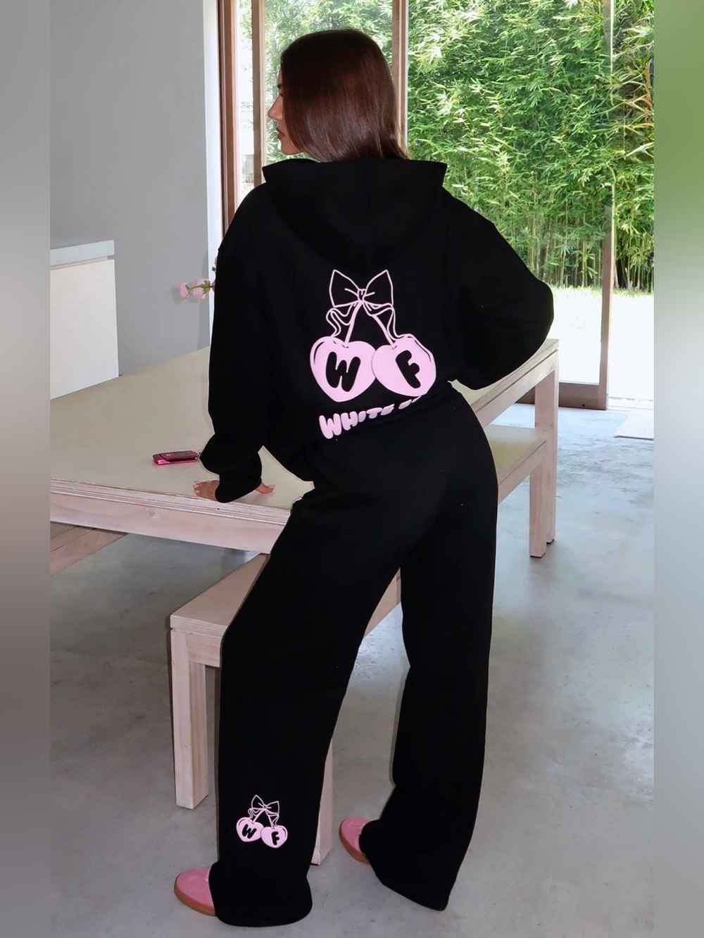 White Fox Feel The Love Cherry Wide Leg Sweatpants Black